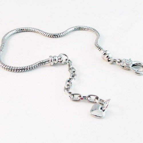 Sbc54 - magnifique support bracelet serpent argent brillant solide fermoir à mousqueton extension et breloque coeur style pandor
