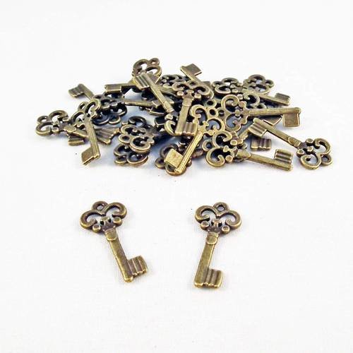 Bcc06 - 2 petites breloques pendentifs en forme de clé motif dentelle drapeau de couleur bronze 