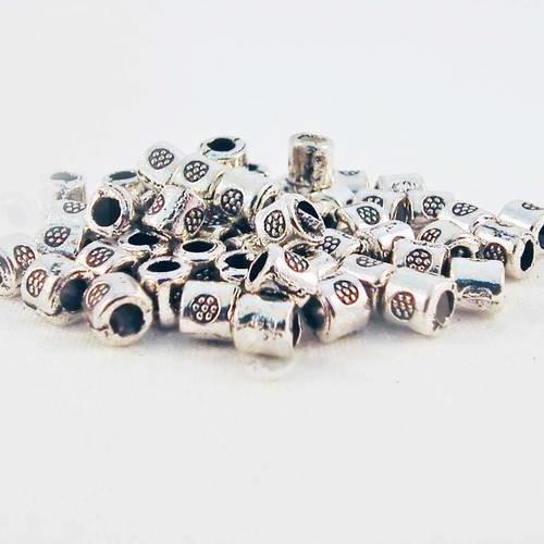 Int29 - lot de 10 petites perles intercalaires tubes tonneau à motifs cercle pois en argent vieilli 