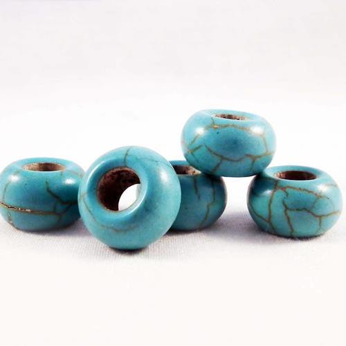 Hw58 - lot de 5 perles howlite rondelle de couleur bleu turquoise motifs fissures naturelles 