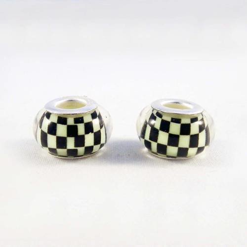 Lot de 2 perles en verre lampwork motifs carreaux noir course f1 rondelles pandor de 14mm 