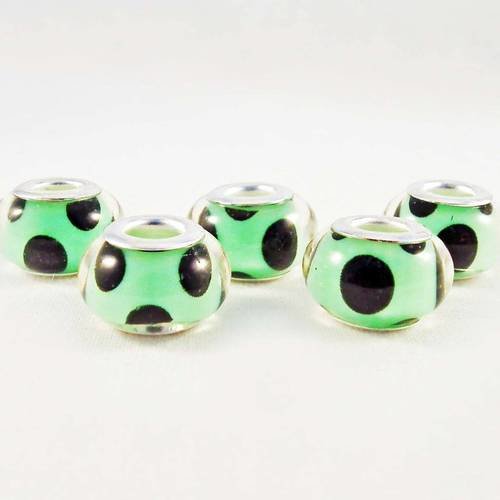 Pdl69 - lot de 2 perles en verre lampwork verte à pois noir rondelles pandor de 14mm 