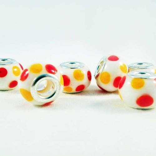 Pdl70 - lot de 2 perles en verre lampwork blanche à pois jaune et rouge rondelles pandor de 14mm 