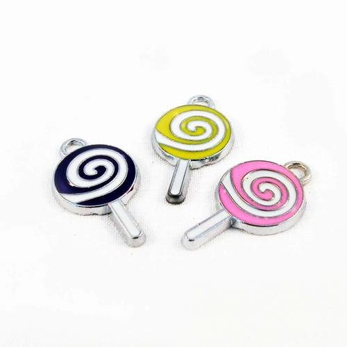 Lot de 3 breloques pendentifs ronds tourbillon bonbon sucette en émail violet jaune rose et blanc 