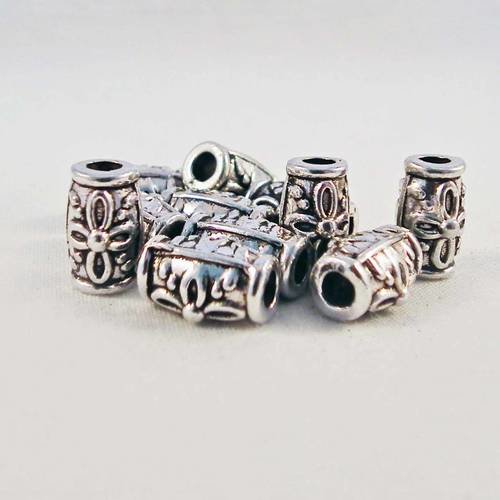 Int49 - lot de 5 perles intercalaires 10mm x 6mm spacer tube tonneau à motifs fleur tribal bali argent vieilli 