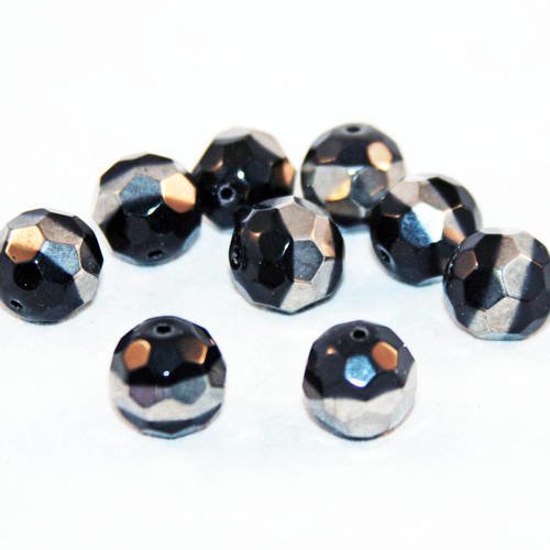 Pac85 - 2 perles précieuses noir bicolore taupe à reflets de 14mm en cristal à facettes 