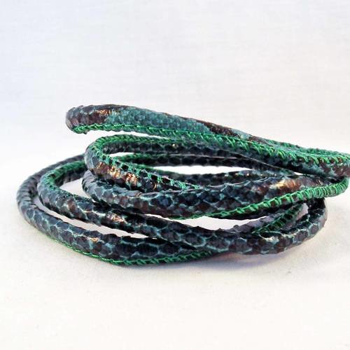 Cf04 - 1m de fil cordon de imitation cuir de serpent vert émeraude foncé et noir rond de 6mm de diamètre 