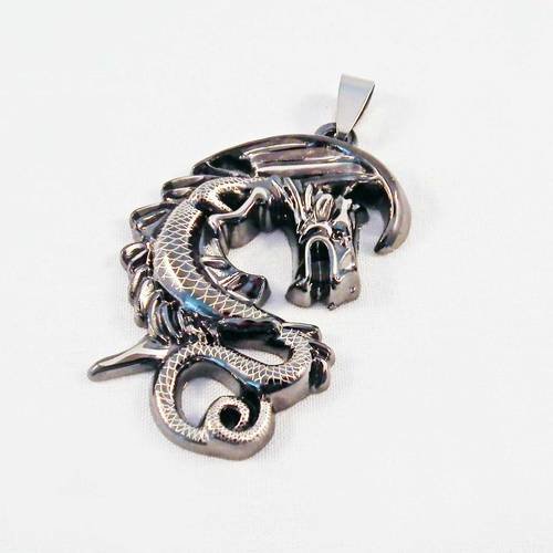 Bdp56 - grand pendentif breloque dragon ailes en acier gris noir 
