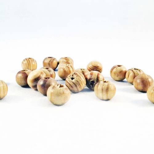 Pbb08 - 10 perles rondes en bois naturel pâle à motifs de 8mm de diamètre rayures