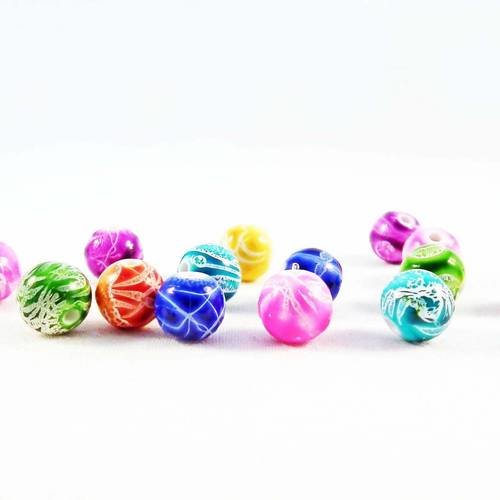 Pdl98 - lot de 10 perles rondes à motifs tribal graffiti abstrait blanc peints de 8mm de diamètre 