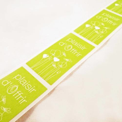 Et07 - lot de 5 étiquettes auto collantes "plaisir d'offrir" vert et blanc jolies lettres fleurs à motifs romantiques 