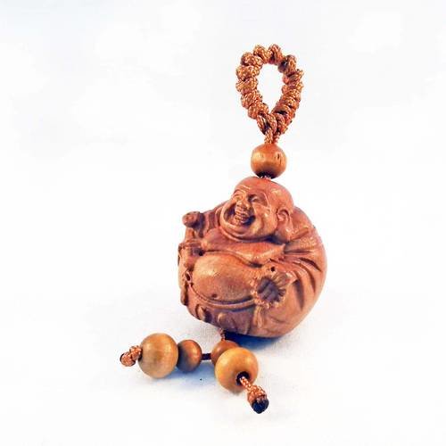 Rare buddha rieur bien portant en bois avec perles et corde tressée bombé 3d breloque pendentif charm ethnique 