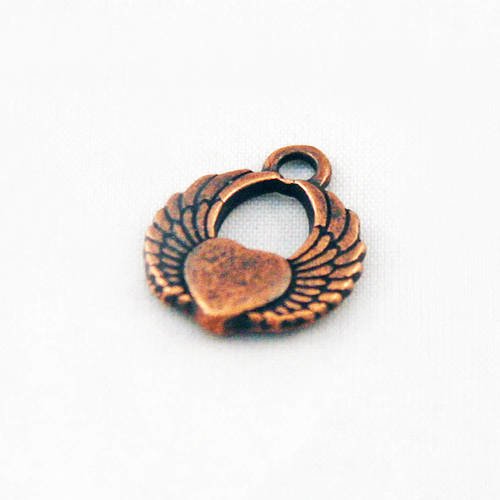 Bd100 - breloque pendentif rond coeur ailes doubles ange de couleur rouge cuivré 
