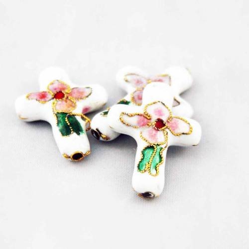 Nouveauté! une perle connecteur croix blanc en verre et motifs fleurs en émail et fines bordures dorées 