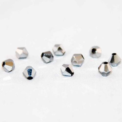 Psm05a - lot de 10 perles 4mm couleur gris argenté métallique opaque à reflets en verre cristal à facettes bicones toupie 