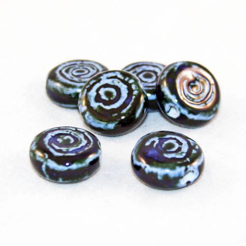 Lot de 2 perles en céramique rondes plates motifs irrégulier cercle spirale bleu marine rare ton sur ton 