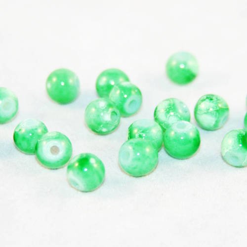 Pdl84 - rares 5 perles en verre vert ton sur ton motifs abstrait vintage veine tribal de 8mm 
