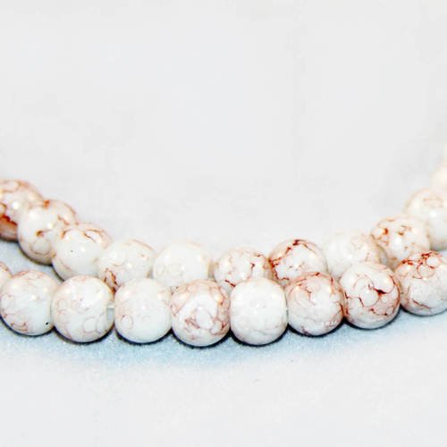 Pdl141 - rares 5 perles en verre blanc motifs marron abstrait vintage romantique de 6mm 