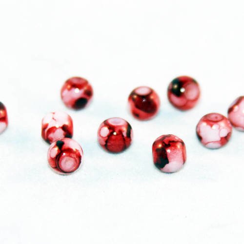 Pdl114 - 5 perles en verre teintes rouge rose motifs abstraits rares vintage romantique de 6mm 