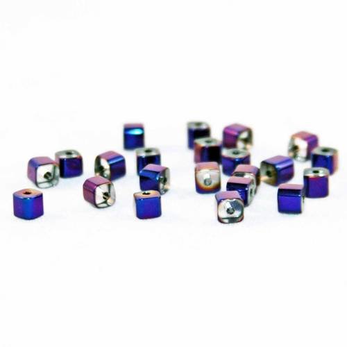 Pco27 - lot de 10 perles en verre cube cubique de couleur bleu violet métallique à reflets électriques 