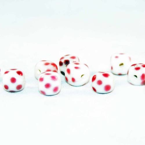 Pco34 - lot de 2 perles en céramique cube cubique dé arrondi motifs imprimés à pois rose cendré pourpre blanc rare 