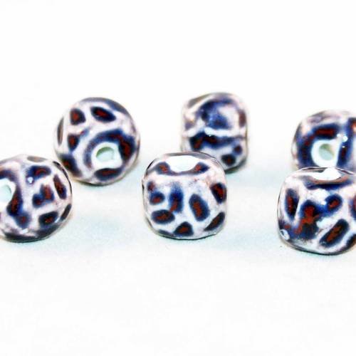 Pco26 - lot de 2 perles en céramique cube cubique arrondi motifs imprimés animalier léopard mauve violet blanc rare 