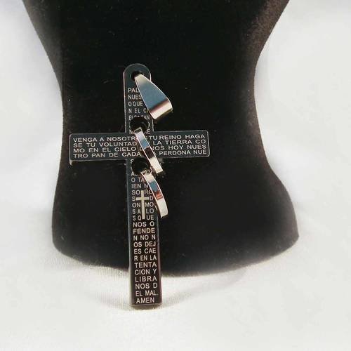 Bdp50 - rare pendentif breloque croix hématite et acier écriture religieux noir gris 2 anneaux cercle alliance argenté 