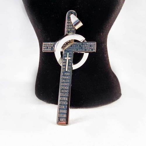 Bdp51 - rare pendentif breloque croix hématite et acier écriture religieux noir gris avec anneau cercle alliance 