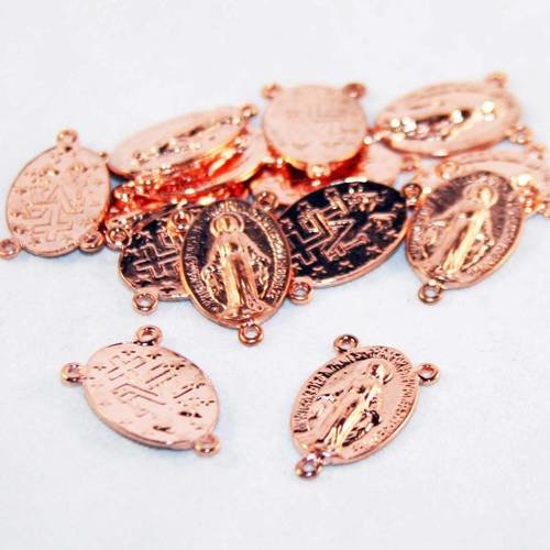 Fc01 - lot de 2 breloques pendentifs connecteurs ovale religieux 3 trous vierge marie plaqué or rose 