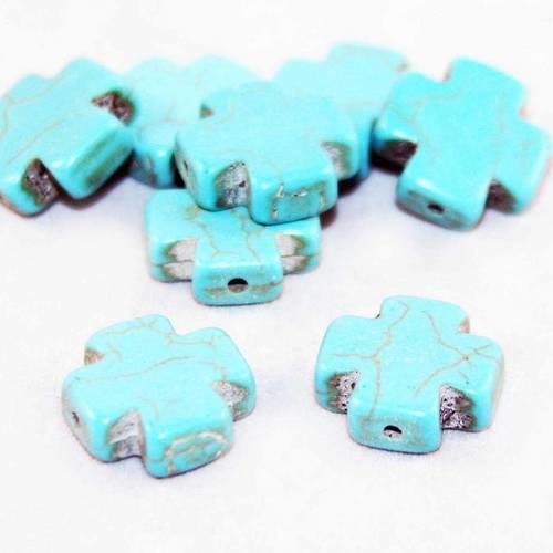 Hw50 - lot de 2 perles connecteur howlite turquoise croix motifs à fissures 
