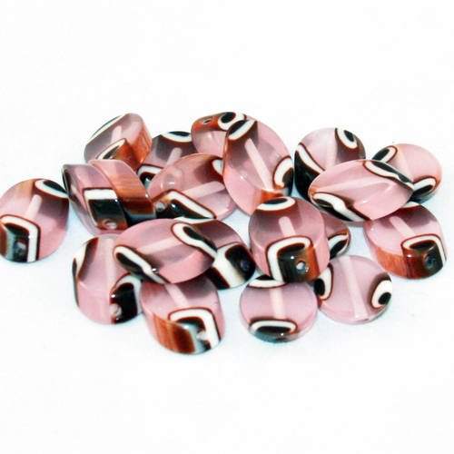 Pco47 - 5 perles ovales plates palet en angle transparente rose pâle à motifs imprimés animalier blanc marron 
