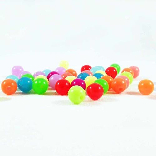Pd19 - 10 perles rondes en acrylique de 6mm de diamètre, couleurs mixtes néon fluo pop 
