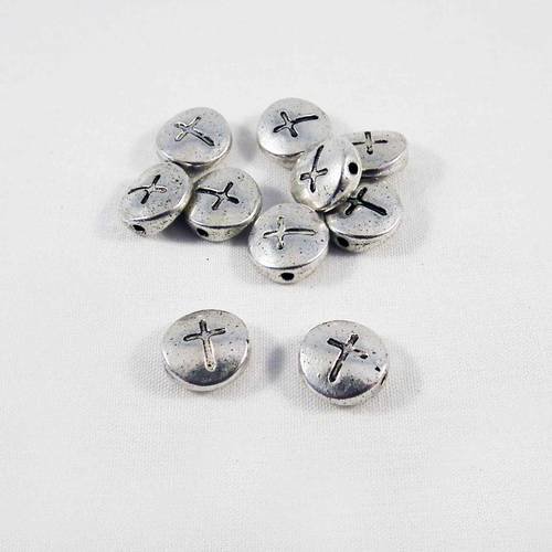 Int124 - 2 perles intercalaires rondes à motifs croix en argent très vieilli 