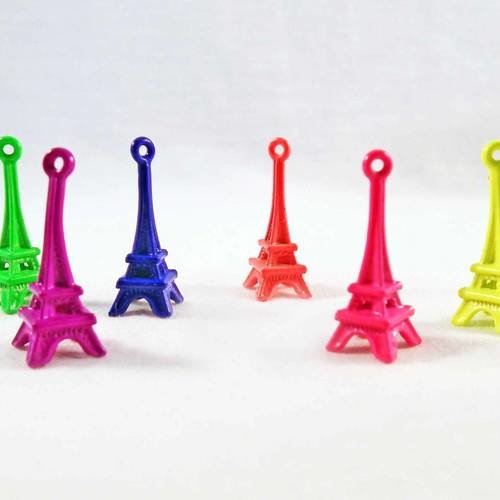 Bvv17 - lot de 6 pendentifs breloques 3d tour eiffel paris de couleurs mixtes fluo pop 