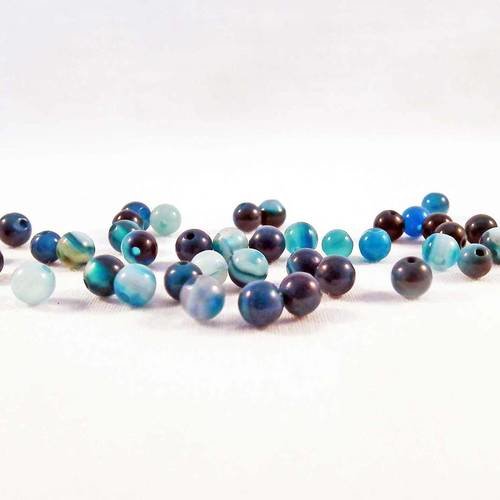 Pdl125 - lot de 10 perles fines en agate ronde de 4mm teintes bleus rayures turquoise marine aqua blanc 