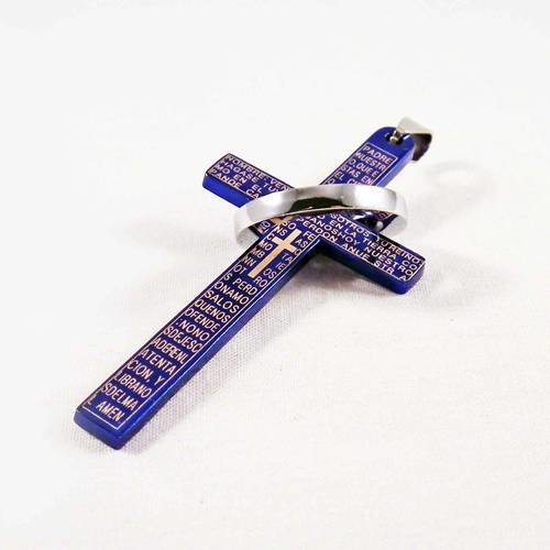Bdp49m  - grand pendentif breloque croix bleu en acier et anneau argenté écriture religieux avec bélière rare 