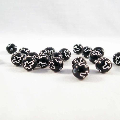 Pac05 - 10 perles rondes noires motifs croix blanches avec légères imperfections 8mm de diamètre en acrylique 