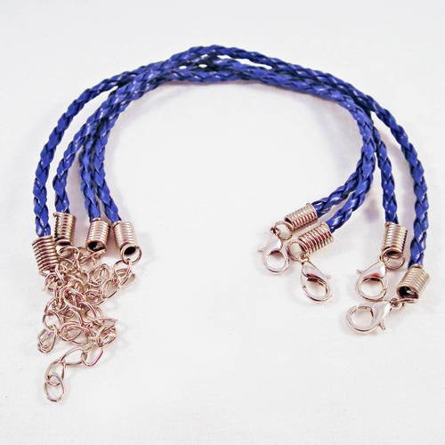Sbc08 - 1 support bracelet simili cuir tressé bleu royal avec fermoir à mousqueton 