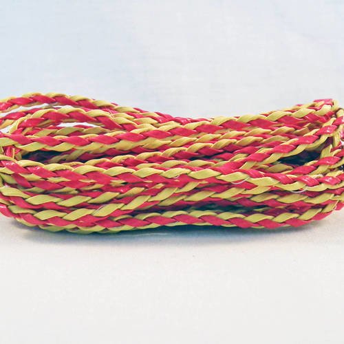 Cf18j - 1m de cordon en simili cuir tressé rond de 3mm de diamètre jaune rouge couleur jamaïque 