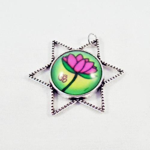 Bz13 - breloque pendentif étoile cabochon en verre fleur tulipe rose et vert troisième oeil chakra symbole ohm 