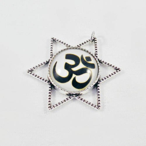 Bz09 - breloque pendentif étoile cabochon en verre troisième oeil chakra symbole ohm yoga méditation om zen 