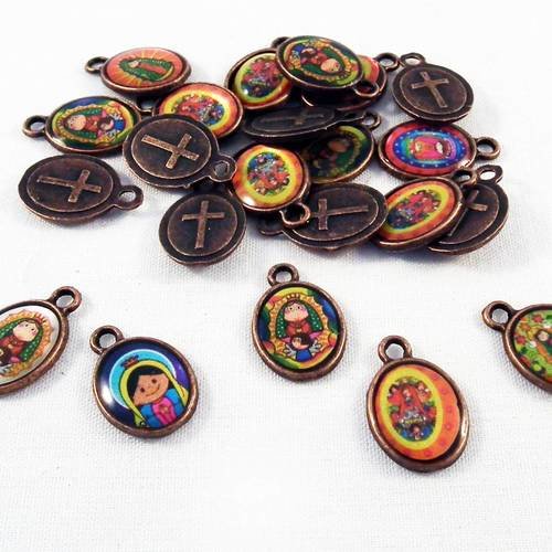 Btr01 - lot de 5 petites breloques pendentifs médaille médaillons ovales mignon motifs cartoon bd religieux rouge cuivré 