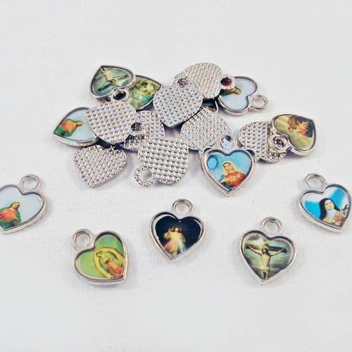 Btr25 - lot de 5 petites breloques pendentifs médaille médaillons en forme coeur motifs religieux vierge jesus 