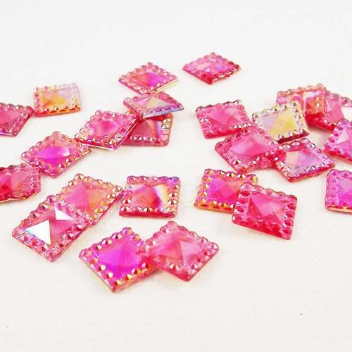 Ici38 - lot de 10 demi-perles carrées cristal à facettes de 10mm en acrylique résine à coller scrapbook rose électrique à reflets 