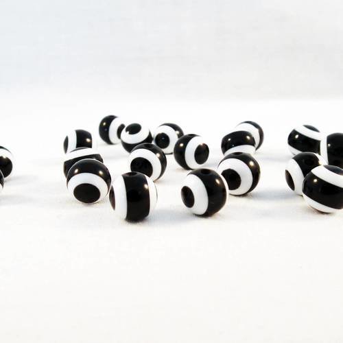Pdl54 - lot de 5 perles rondes à rayures de style oeil grec chanceux de couleur blanc et noir 