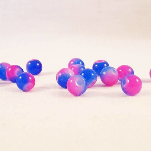 Pdl96 - lot de 10 perles en verre quartz rondes à motifs bleu rose ton sur ton de 6mm diamètre 
