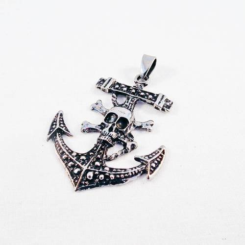 Tm08 - grande breloque pendentif tête de mort ancre de bateau pirate en acier argent vieilli bélière incluse 