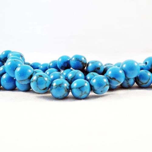 Phw32 - 10 perles howlite rondes de 8mm de couleur bleu à fissures motifs noir 