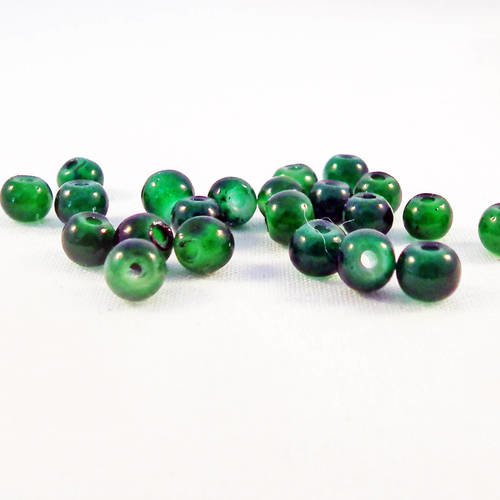 Pdl91 - 10 perles rondes en verre motifs vert ton sur ton de 4mm de diamètre. 