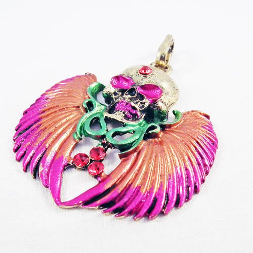Bdp21 - grande breloque pendentif tête de mort ailes ange orange et rose bronze vieilli antique vintage et cristal 